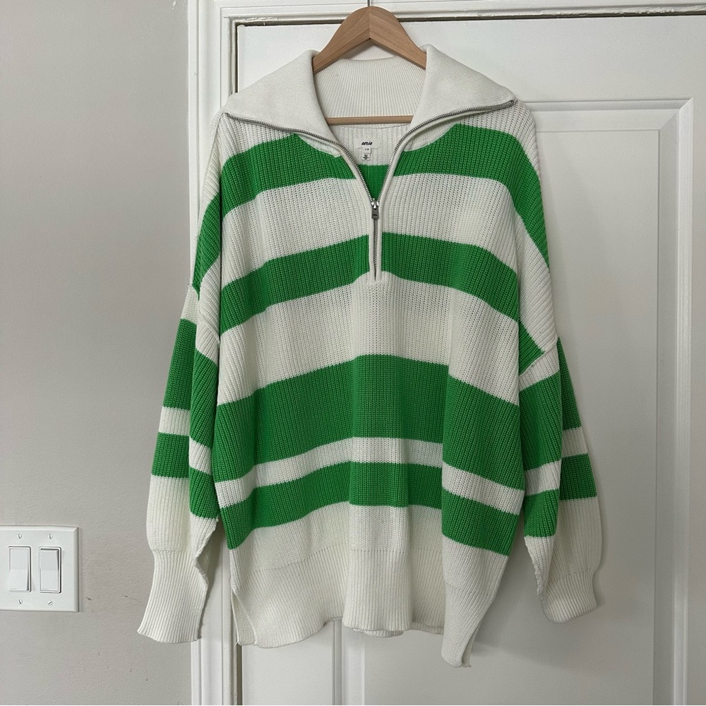 NWT Aerie Oversized Beyond Quarter Zip Sweater, Green and White Striped, Large - Picture 3 of 14